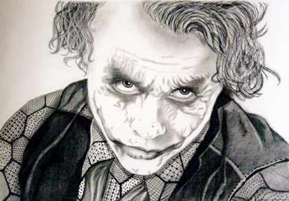 A black and white charcoal portrait of Heath Ledger as The Joker